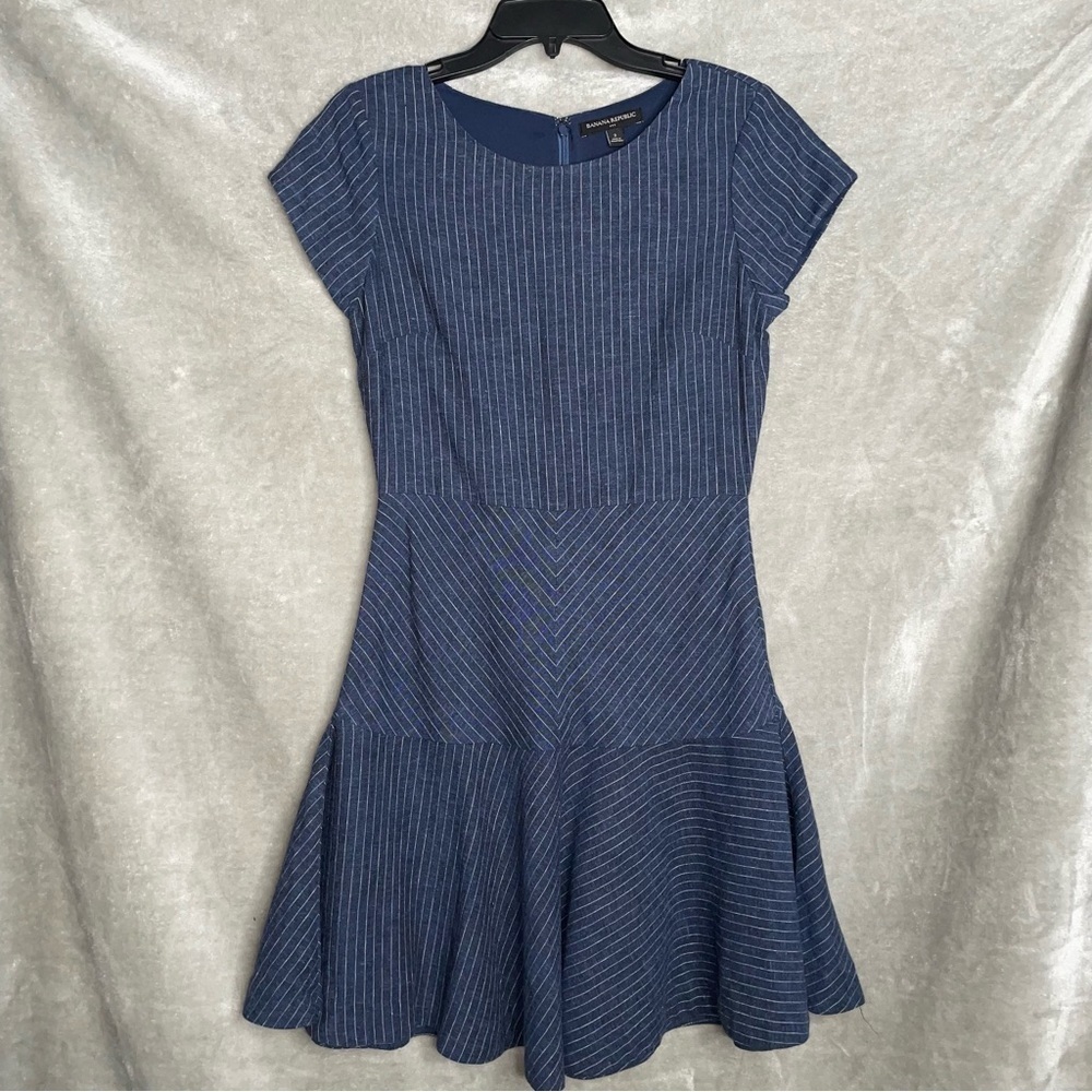 Banana Republic Navy Striped Linen Blend Fit Flare Mini Dress Size 2 Pinstripe